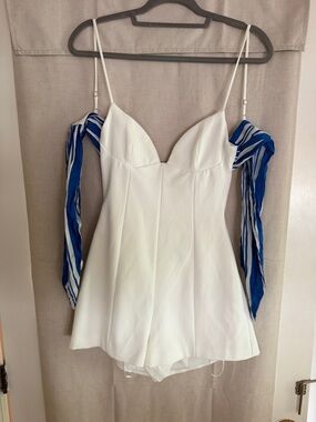 Zara White Spaghetti Strap Romper with Blue Sash Details